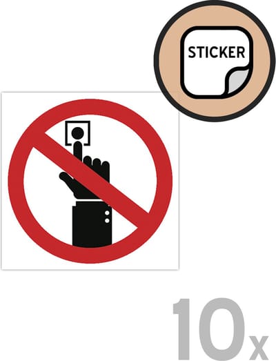 Pictogram/ stickers (10x) | Niet op deze knop drukken | 5 x 5 cm | Niet inschakelen | Schakelaar | Drukknop | Afblijven | Bellen | Aanbellen | Waarschuwing | 10 stuks