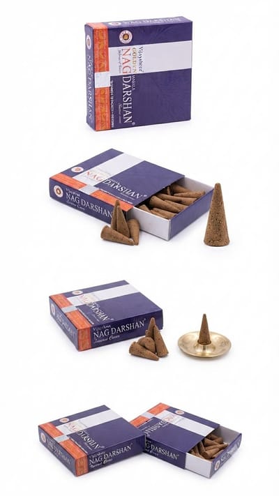 Vijayshree Golden Nag Darshan Masala Wierookkegels - 120 Stuks - Premium Kwaliteit Natuurlijke Wierook - 12 Pakjes van 10 Kegels Grootverpakking - 120 Kegels voor Meditatie en Ontspanning Met Kajal Sticker