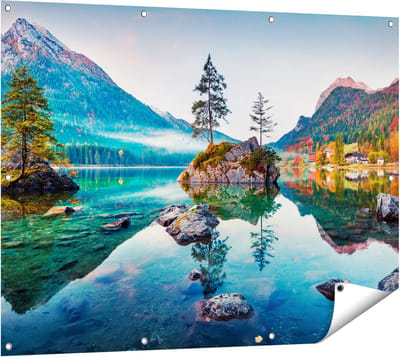 Gards Tuinposter Meer in de Bergen tijdens de Herfst - 120x90 cm - Tuindoek - Tuindecoratie - Wanddecoratie buiten - Tuinschilderij