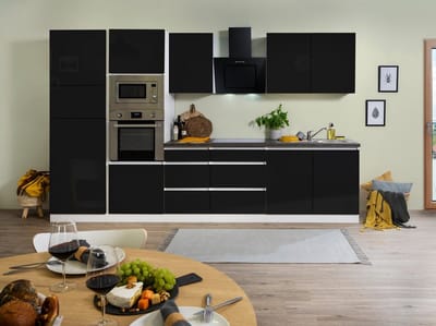 Goedkope keuken 335 cm - complete keuken met apparatuur Lorena - Wit/Zwart - soft close - keramische kookplaat - afzuigkap - oven - magnetron - spoelbak