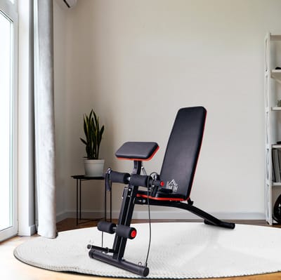 MEUNIQ multifunctionele halterbank krachtstation 54 x 160 x 106 cm met verstelbare rugleuning 7 standen, inklapbaar, preacher curl station en weerstandsbanden, zwart