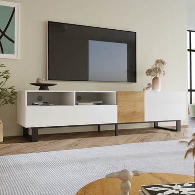 DESMIU Tv Meubel - Modern Design Met 2 Lades En 2 Deuren - Veel Opbergruimte Voor Woonkamer - MDF En Metaal - 180x38x50 Cm - Wit Houtkleur