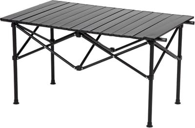 FOXSPORT Inklapbare Tafel - Campingtafel - Kampeertafel - Klaptafel - Buiten Vouwtafel - Tuintafel - Oprolbaar houten tafelblad - 4 Personen - Koolstofstaal - 90 x 53 x 48cm - Zwart