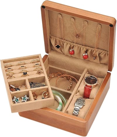 Houten Sieraden Organizer - Juwelendoos Display - Sieraden Opbergen - Twee Lagen - 18 x 18 x 8.5 cm - Houtkleur
