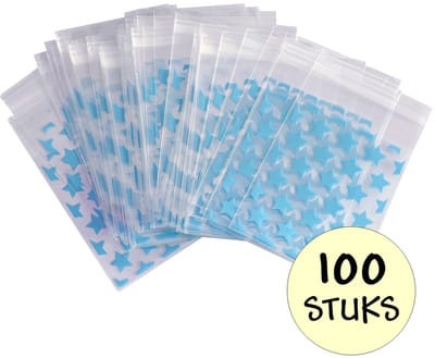 100x Cellofaan Zakjes - 100x Uitdeelzakjes - Cellofaan Plastic Traktatie Kado Zakjes - Snoepzakjes - Sterren - 10x8cm - Blauw