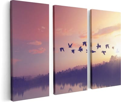Artaza Canvas Schilderij Drieluik Silhouet Vogels Tijdens Zonsondergang - 120x80 cm - Wanddecoratie Woonkamer - Schilderijen - Muurdecoratie