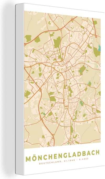 Canvas Schilderij Plattegrond - Mönchengladbach - Vintage - kaart - Stadskaart - 20x30 cm - Wanddecoratie