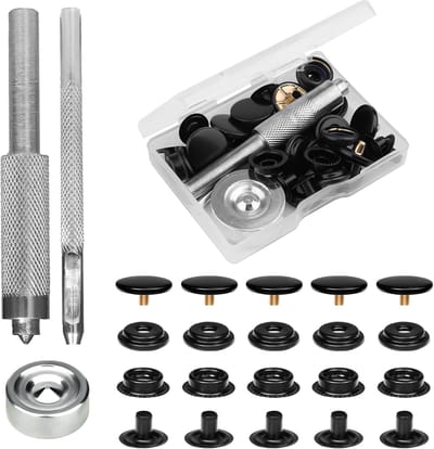 43 Delig Metalen Drukknoppen Set met Setterbasis Hol Pons Zwaar Uitgevoerd Metalen Knopen Drukknopen 15mm voor Kleding Niet Naaien Drukknopen voor Leer Jassen Jeans Handtassen (Zwart)