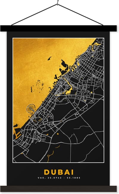Posterhanger incl. Poster 40x60 cm - Schoolplaat - Goud - Stadskaart - Plattegrond - Dubai - Kaart - Textielposter - Zwarte latten - Stadskaart