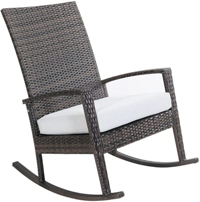 Luna Rocking chair - Schommelstoel buiten - Donker bruin poly rattan - Licht grijs Kussen - Tuinstoel schommelstoel - tuinmeubelen - loungemeubel outdoor voor terras, balkon, wintertuin