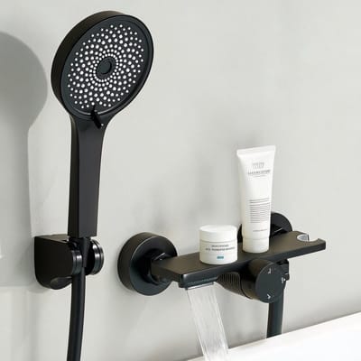 Auralum Max Opbouw Badkraan met Handdouche Complete Set - RVS - Watervalontwerp - 5 Functies Douchekop - Met plank - Waterbesparend - Zwart