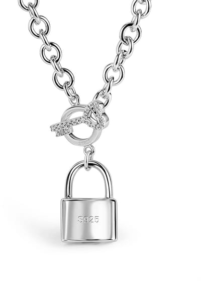 Brede halsketting 6 mm met ornament, groot hangslot, 45 cm, 50 cm en glanzende sleutel, schakelketting van 925 zilver, liefde, met hanger, sleutelslot, sieradencadeau, feest, elegant voor