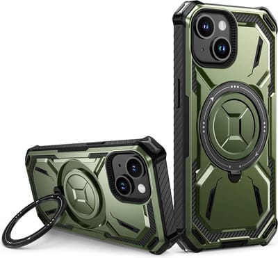 Casemania Hoesje Geschikt voor Apple iPhone 15 Plus - Groen - Kickstand Ring Back Cover - Geschikt voor MagSafe