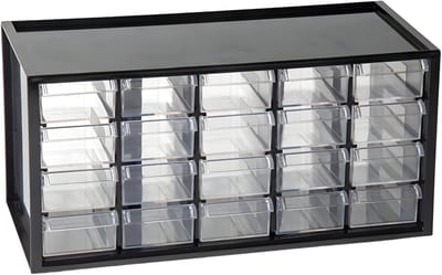 Plasticforte Sorteerbakjes spijkers/schroeven - 20 lades - 16 x 38 x 20 cm - opbergkastjes - ophangbaar - zwart/transparant