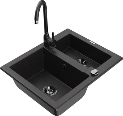 Mexen Carlos granieten spoelbak 1,5-komor met keukenmengkraan Telma, zwart/zilver metallic - 6518-73-670200-70-B
