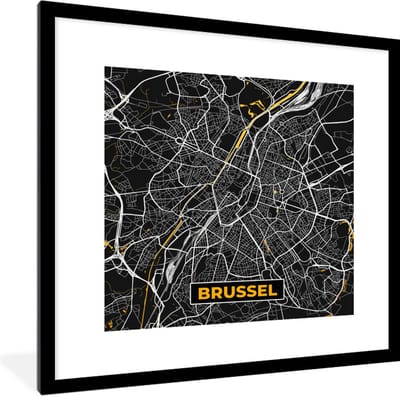 Fotolijst incl. Poster - Brussel - Kaart - Plattegrond - Stadskaart - Goud - 40x40 cm - Posterlijst