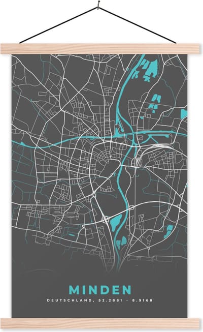 Posterhanger incl. Poster 60x90 cm - Schoolplaat - Stadskaart – Kaart – Minden – Blauw – Duitsland – Plattegrond - Textielposter - Blanke latten - Stadskaart