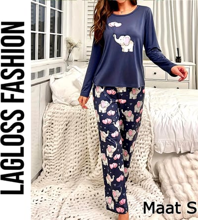 LaGloss® Dames Pyjama Set met Schattige Olifanten – Zacht Lounge- & Huispak Lange Mouwen All Season – Maat S
