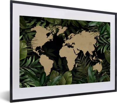 Poster in lijst - Fotolijst 60x40 cm - Posters - Wereldkaart - Bladeren - Bruin - Posterlijst zwart - Decoratie - Wanddecoratie woonkamer - Muurdecoratie slaapkamer