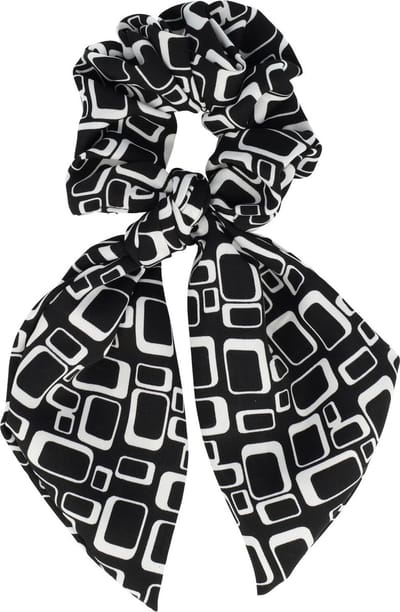 Haarsoires Haarelastiek Scrunchie – Grafische Print – 14cm Linten – Wit Zwart - Haarkrinkel - Haar Elastiek met Stof - Zacht & Haarvriendelijk