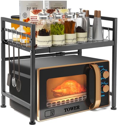 Dailygoods- Magnetronrek Uitbreidbaar 2 Laags - Keukenrek - Keukenorganizer - Verstelbare Hoogte - Robuust - Inclusief 10 RVS Haken