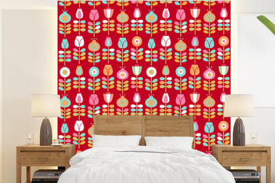 Behang - Fotobehang Patronen - Bloemen - Retro - Rood - Breedte 220 cm x hoogte 240 cm