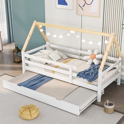 DESMIU Huisbed 90x200 cm - Uitschuifbed Met Onderbed Op Wielen - Vierzijdige Veiligheidshekken - Kinderkamer - Massief Grenenhout - Wit Natuur - Zonder Matras