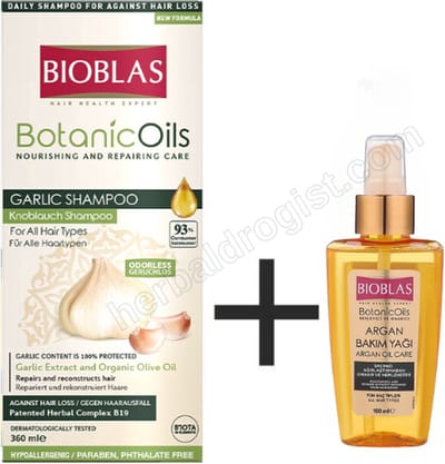 Bioblas Knoflook Shampoo 500 ml + Bioblas Arganolie 100 ml - Anti haaruitval - Herbal Shampoo - haarverzorging