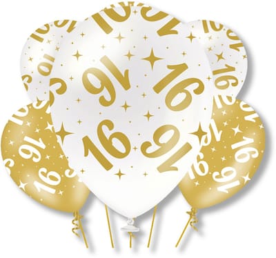 BTH – 16 Jaar Latex Ballonnen – 6 stuks – Wit-Goud – Verjaardag Versiering – Sweet 16 Decoratie – Helium – 30cm
