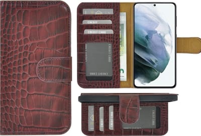 Hoesje Echt Leer Geschikt voor Samsung Galaxy A36 - Bookcase Hoesje - Samsung A36 Wallet Book Case Echt Leer Croco Bordeauxrood Cover