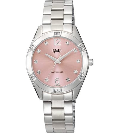 Q&Q Q83B-002PY - Horloge - Polshorloge - Analoog - Dames - Vrouwen - stalen band - Metaal - Overig - Cijfers - Stippen - Briljanten - Zilverkleurig - Roze