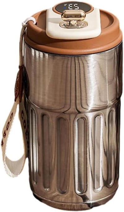 Reismok met display - Thermosbeker slim - Drinken onderweg - Temperatuur weergave - 17 cm hoog - Zilver