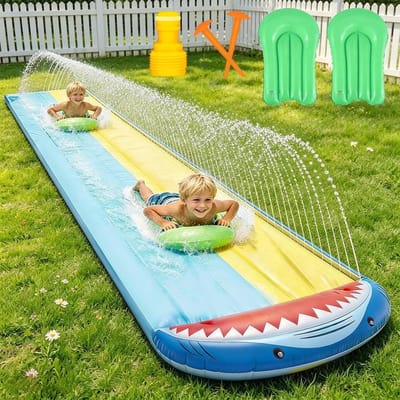 Waterglijbaan Kinderen - Tuin glijbaan Waterspeelmat - Zomerse Afkoeling - Dubbele Waterbaan - 480 x 140 cm - Blauw en Geel