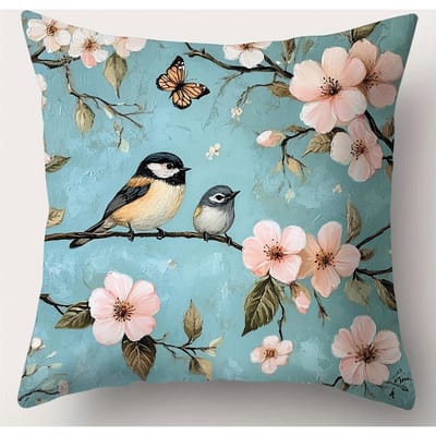 Lente elementen, vogels, bloemen, takken patroon kussensloopSlaapkamer Sofa Decoratieve Kussensloop Met Rits Zachte Kussensloop 50x50cm