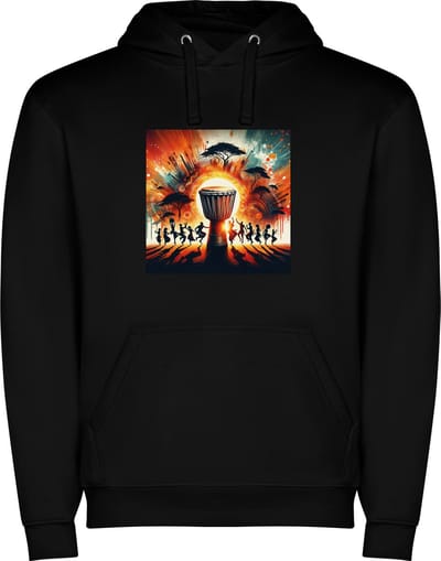 Zwarte unisex hoodie met “ Kleurrijke Bongo drums – Afrikaans – Dansen – Muziek “ Print Full Color Color merk Roly maat S