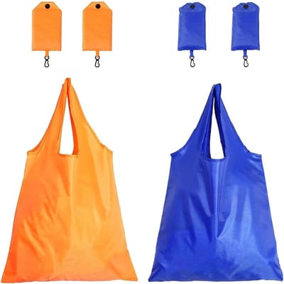 Set van 4 Vouwbare Boodschappentassen in Oranje en Blauw, Duurzaam Polyester, Herbruikbaar voor Winkelen, Kamperen en Feestjes