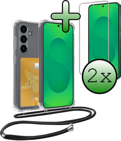 Hoes Geschikt voor Samsung S25 FE Hoesje Pas Houder Shock Proof Case Hoes Met Koord Met 2x Screenprotector - Hoesje Geschikt voor Samsung Galaxy S25 FE Hoes Met Telefoonkoord Pasjeshouder Cover - Transparant