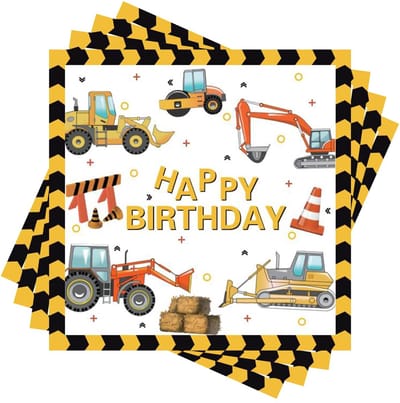 Dailygoods- Servetten Papieren 40 Stuks - Bouwplaats Thema - Graafmachine/Tractor - Kinderverjaardag - Tafeldecoratie - Formaat 33 x 33 cm - Feestservetten