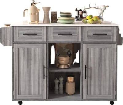 Eetkar - Keukenkast - Dinerdressoir - Aanrecht - Voor Woonkamer of Hal - Massief Houten Fineer & Wit Marmer Decoratie - Grijs