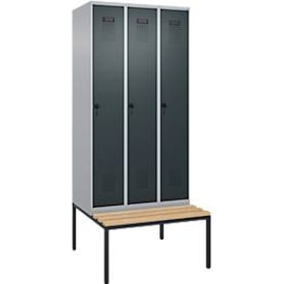 C+P Evolo Plus garderobekast, 3 vakken, 300 mm vakbreedte, met bank eronder, B 900 x D 815 x H 2120 mm, draaischroef, blank aluminium/antracietgrijs