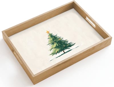 Dienblad hout 40x30 cm - Schootdienblad - Kerstboom - Illustratie - Ster - Sneeuw - Borrelplank rechthoek - Plateau dienbladen