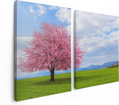Artaza Canvas Schilderij Tweeluik Roze Sakura Bloesem Boom In Het Groene Veld - 120x80 - Foto Op Canvas - Canvas Print