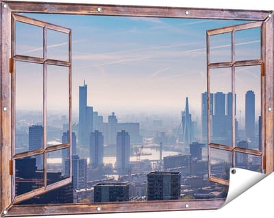 Gards Tuinposter Doorkijk Rotterdamse Skyline - 120x80 cm - Tuindoek - Tuindecoratie - Wanddecoratie buiten - Tuinschilderij