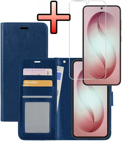 Hoesje - Met Screenprotector - Geschikt voor Samsung Galaxy S26 - Luxe Pasjeshouder - Bookcase Portemonee - Flip Case - Kunstleer Book Case - Flipcase - Book Cover - Walletcase - Portemonneehoes - Donkerblauw