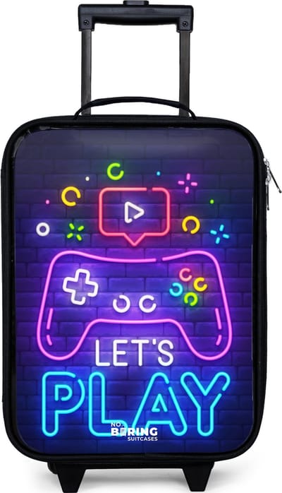 NoBoringSuitcases.com® - Kinderkoffer jongen - Kindertrolley meisje - Neoncontroller tegen een bakstenen muur - Koffer kind lichtgewicht - Reiskoffer trolley voor kinderen - Koffertje met lichtgevende wieltjes - Rolkoffer zwart