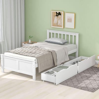 Houten Eenpersoonsbed - Jeugdbed Bedframe - Slaapkamer Inrichting - Met Twee Schuifladen - 90 x 200 cm - Wit