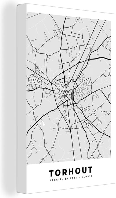 Canvas Schilderij Zwart Wit – België – Plattegrond – Stadskaart – Kaart – Torhout - 20x30 cm - Wanddecoratie