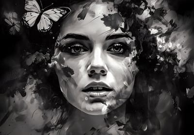 Fotobehang - Kunst - Schilderij - Vrouw - Gezicht - Vlinder - Portret - Vliesbehang- 254x184cm (lxb)