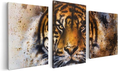 Artaza Canvas Schilderij Drieluik Geschilderde Tijger - Abstract - 120x60 - Foto Op Canvas - Canvas Print