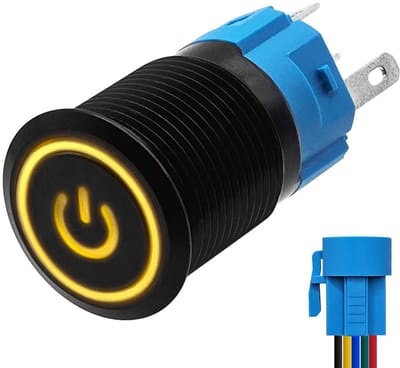 ProRide Metalen Pulsschakelaar 12V OFF-(ON) - 16mm - Momentschakelaar met Aansluitkabel - Spatwaterdicht - 12V/24V - LED Indicatie Geel
